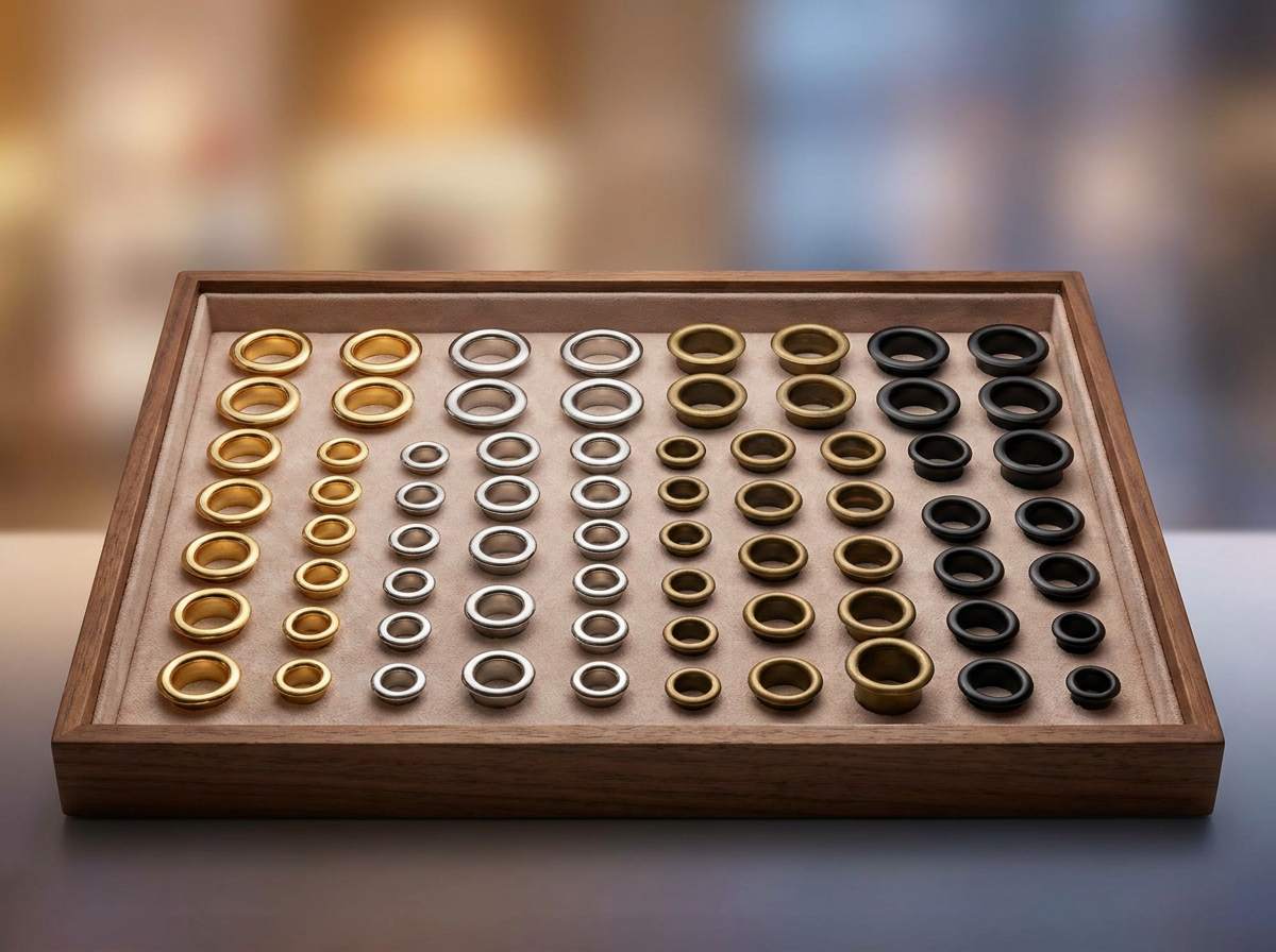 metal shoe eyelets, The image shows multiple metal shoe eyelets arranged in rows inside a wooden display tray.